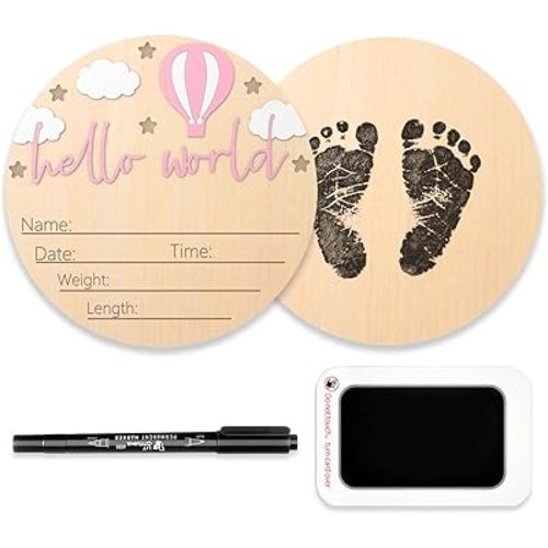 Baby Birth Announcement Sign with Marker Pen, Hot Air Balloon and White Cloud Baby Name Sign with Ink Pad, Hello World Newborn Announcement Nursery Decor Keepsake Gifts (Pink)