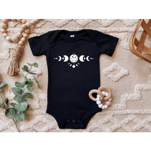 Moon phase black baby bodysuit, Black shirt for infant, Witchy gothic black bodysuit, New baby outfit, Celestial goth design, Gift for baby