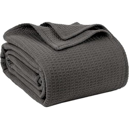 100% Cotton Blankets for Bed - Waffle Weave Blankets for Summer, Lightweight and Breathable Soft Woven Blanket for Spring (Dark Grey, Queen (90" x 90"))