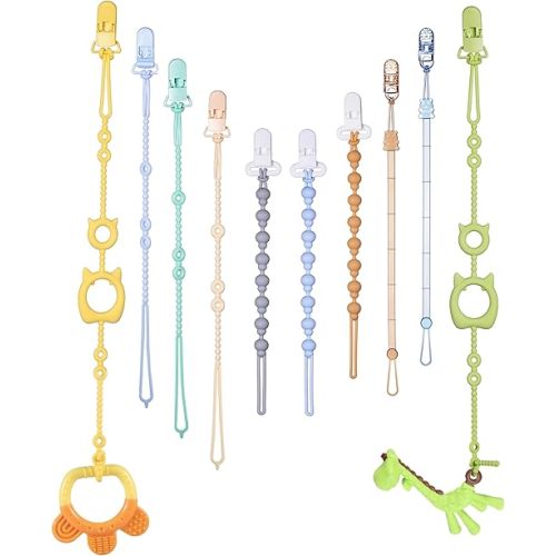 Pacifier Clip & Toy Strap 2-in-1 Combo, 8 Binky Clips, 2 Toy Tethers