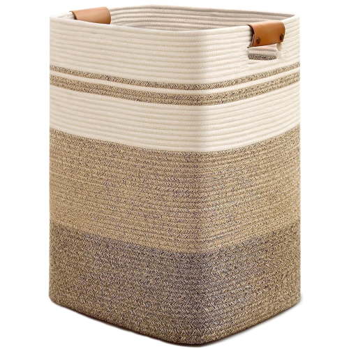 Natubeau 95L Large Cotton Rope Storage Basket, Woven Laundry Hamper with Sturdy Leather Handles, Tall Foldable Storage Bin for Nursery, Living Room, Bedroom, Blankets, Toys