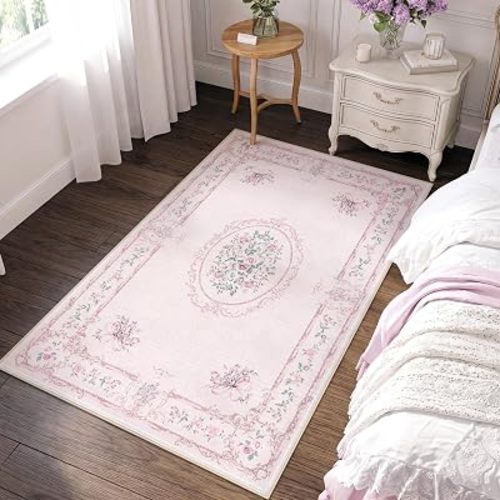 Tribesigns Floral Bow Pink 8 x 10 Area Rug for Girls Bedroom, Soft Washable Rose Medallion Nursery Living Room Rugs, Large Non-Slip Low Pile Boho Floral Carpet for Dorm Kids Playroom, Pink/8x10