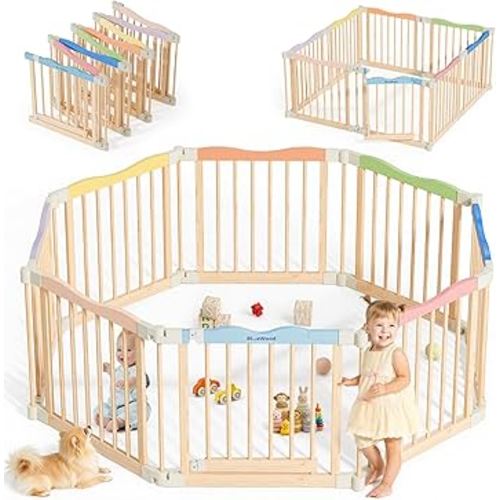 Foldable Wooden Playpen - Adjustable Wood Baby Play Yard with Door, Indoor Large Safety Fence for Babies and Toddlers - Easy Assembly, 8 Panels, Colorful Candy