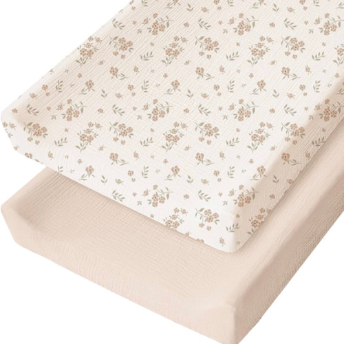 Konssy Muslin Changing Pad Cover for Baby Girls Boys, 100% Cotton Fitted Diaper Chang Table Covers, Soft Breathable Changing Pad Sheets, 2 Pack (Blossom, Cream)