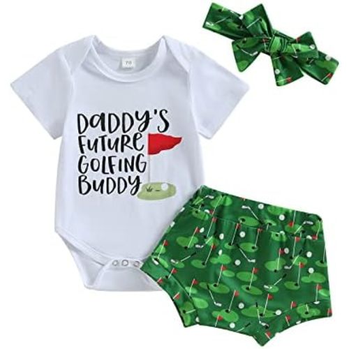 Baby Girl Golf Outfits Letters Print Short Sleeve Romper Golf Bummie Shorts Headband Set Cute 3Pcs Summer Outfit