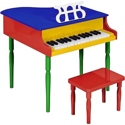 Best Choice Products Kids Classic Wooden 30-Key Mini Grand Piano Musical Instrument Toy w/ Piano Lid, Bench, Foldable Music Rack, Song Book, Note Stickers, Enamel Finish - Multi-Color
