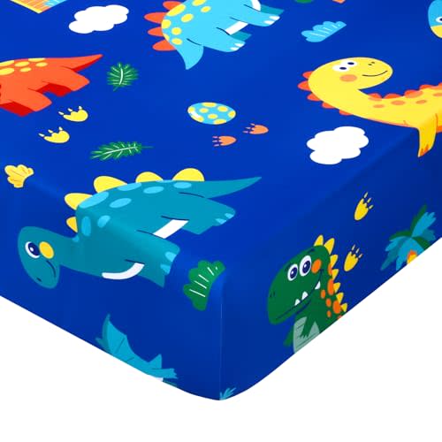 Cloele Dinosaur Fitted Crib Sheet - 1 Pack Soft Cozy Baby Sheet for Standard Crib and Toddler Mattresses - Blue Nursery Bed Sheet Crib Mattress Toddler Sheet for Boys Girls,52"x28"(Colorful Dinosaur)