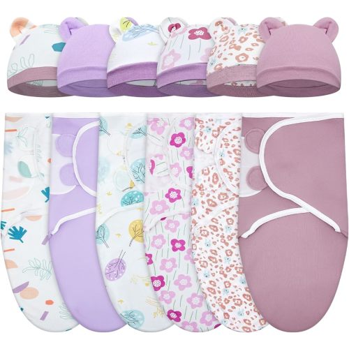 Ramede 6 Pack Swaddle Blanket with Hats for Baby Girl Boy 100% Cotton Swaddles 0-3 Months, Adjustable Breathable Skin Friendly Receiving Blanket Wrap, Essential for Newborns