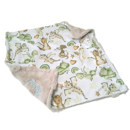 Green Dragon Lovey, Personalized Minky Baby Blanket for Newborn Boy or Girl, Baby Dragons Shower Gift with Satin Ruffle Option