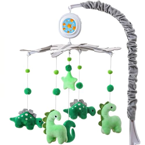 Dinoasur Baby Crib Mobile for Boys & Girls with Music Box (100+ Lullabies) | Rotating Plush Crib Toy with Starry Light Projector. Sweet Nursery Soothing Toy, Ideal Newborn Baby Shower Gift.