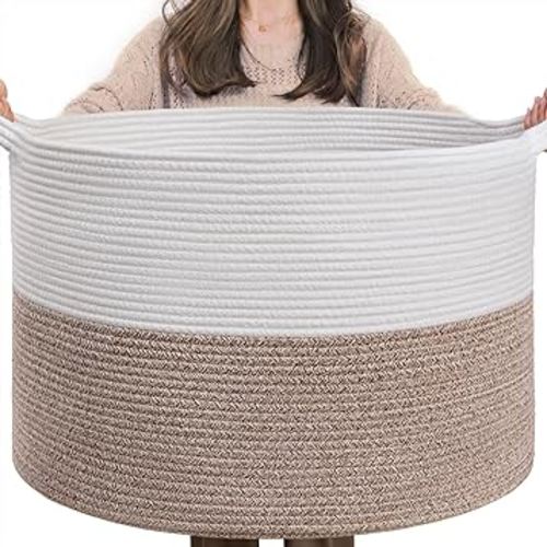 INDRESSME XXXLarge Cotton Rope Basket 21.7" x 21.7" x 13.8" Woven Baby Laundry Blanket Basket Toy Basket with Handle Storage Comforter Cushions Thread Laundry Hamper White & Brown