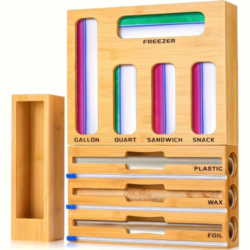 1pc Square Shatterproof Bamboo Storage Box - 9-in-1 Aluminum Foil Dispenser With Cutter, Reusable Multipurpose Sealer Bag Organizer For Kitchen Drawer, Wall, And Cabinet, Quart, Sandwich, Snack, And Kitchen Accessories,Christmas Gifts, Birthday Gifts