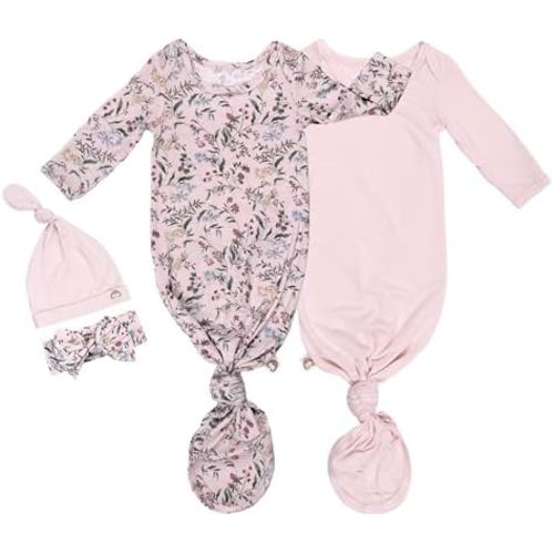 2-Pack Knotted Baby Gowns & Caps - Hospital Outfit Sleep for Girls & Boys, Easy Tie Sleeper Gowns