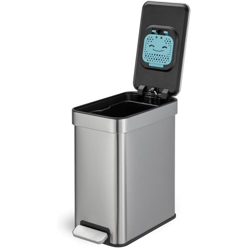 Home Zone Living 3 Gallon Small Trash Can with a Lid and Step Pedal, CleanAura, Odor Control, Stainless Steel with Slim Design for Home and Office, Silver, 10 Liters
