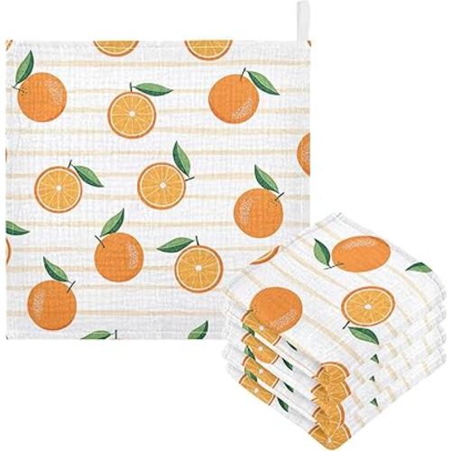 Burbuja Cute Fruit Orange Baby Washcloths - Muslin Cotton Soft Absorbent Baby Towel for Newborn Baby Sensitive Skin - Baby Essential Item, 12x12 in, 5 Pack