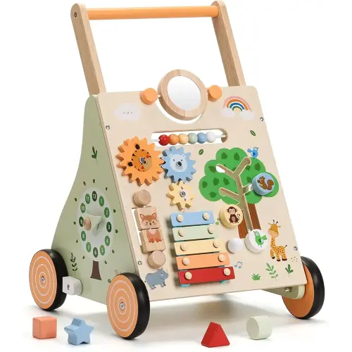 SainSmart Jr. Wooden Baby Walker, Adjustable Height and Speed Baby Push Walker, Montessori Activity Center for 6-12 Months, Push Walking Toys for 1 Year Old Boys Girls Learning to Walk, Animal Theme