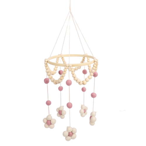 Handmade Wooden Crib Mobile with Soft Felt Flowers and Macrame Beads - Soothing Hanging Wind Chime Nursery Hanging Ceiling Decor for Baby Girls, Ideal Shower Gift, 11 inches / 28 cm, Pink
