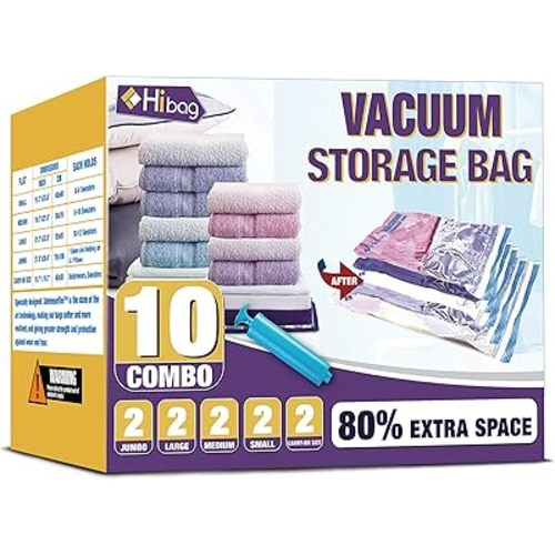 HIBAG Vacuum Storage Bags, 10-Pack Vacuum Seal Bags for Clothing Clothes, Space Saver Bags (2 Jumbo, 2 Large, 2 Medium, 2 Small, 2 Roll-up) with Pump (10-Combo)