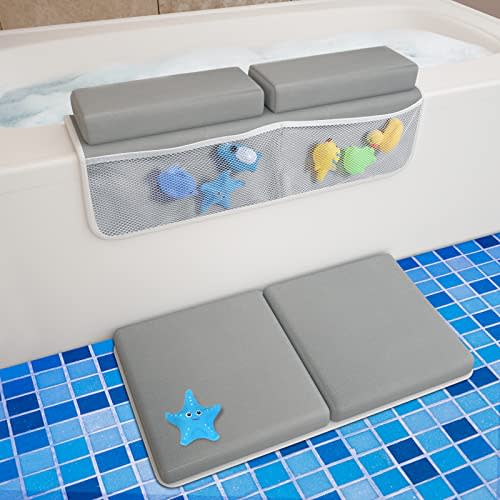 Tiikiy Baby Bath Kneeler and Elbow Rest Pad for Baby Bathing Parents , Painless Foam Mat with Toy Organizer Pockets Support Large Bathtub, Quick Drying, Non-Slip for Baby and Toddler Bathing (Grey)