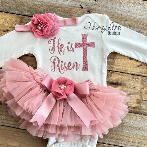 He is Risen Christian Baby Girl Outfit, Baby Girl 1st Easter Outfit, Rose Gold Glitter Cross, Vintage Pink Dusty Rose Gold Tutu Skirt