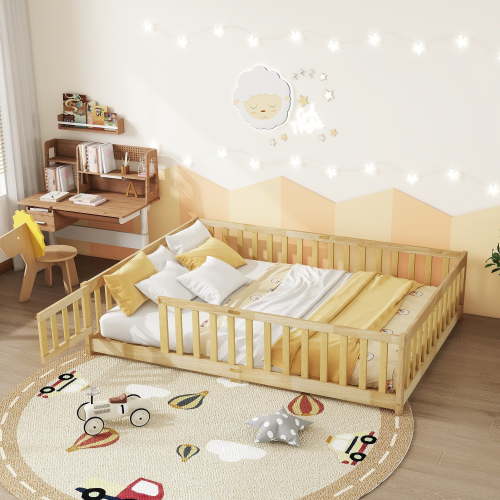 Alvantor Full Size Montessori Floor Bed for Kids with Door and Fence, Rubber Wood Toddler Platform Bed Frame, No Box Spring Needed, Natural