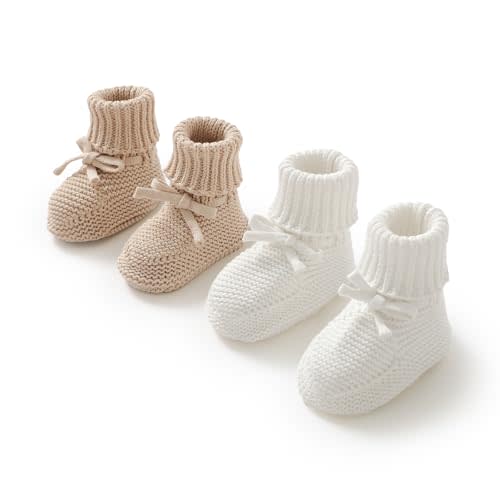 Baby Booties 100% Cotton Knitted Newborn First Cozy Warm Crib Shoes for Toddler Infant Boy Girl Babys Shower Gift