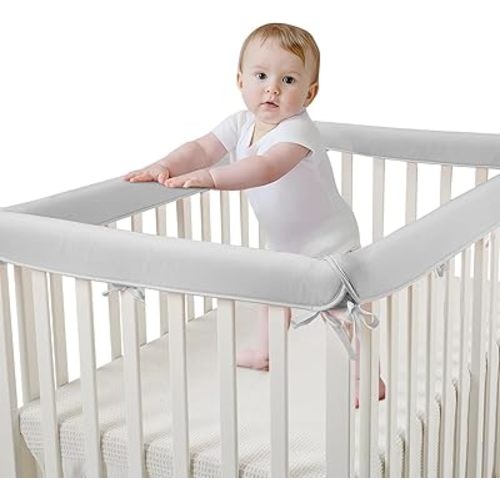 4pcs Crib Rail Covers for Teething,Cotton Teething Edge Crib Rail Cover&Corner Guard,Corner Edge Strips for Full-Size Cribs,Soft Anti-Collision Strip Corner Cover (Gray)