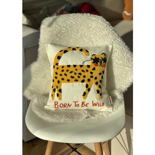 Leopard Punch Needle Pillow Cover: "Born to Be Wild" Linen Cushion (14x14 inch)