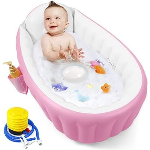PandaEar Baby Inflatable Bathtub, Portable Travel Baby Infant Bath Tub Toddler Bathtub with Air Pump, Foldable Non-Slip Shower Basin Mini Air Swimming Pool for Newborn (Pink)