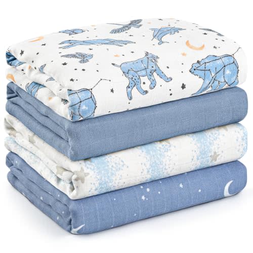 GLLQUEN BABY Muslin Swaddle Blankets 4Pk Receiving Blanket Large 35" x 40" | Soft Cotton Baby Blankets for Girls Boys Breathable Nursery Swaddles for Newborns, Baby Essentials Shower Gift, Blue Star