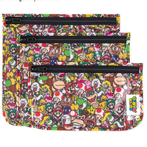 Bumkins Travel Bag, Toiletry, TSA Approved Pouch, Zip Bag, Quart Size Airline Compliant, Clear-Sided, Baby, Diaper Bag Organization, Makeup, Accessories, Packing, Set of 3 Sizes, Nintendo Super Mario