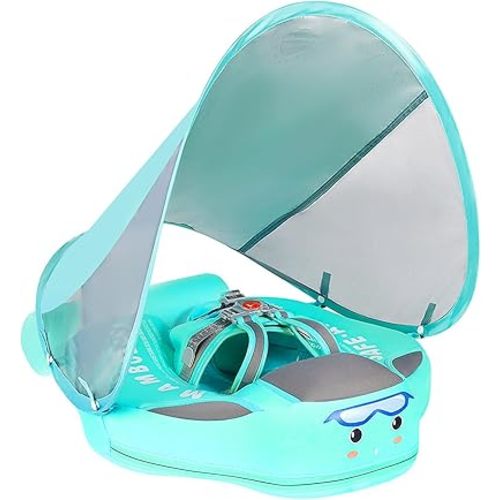 Mambobaby Non-Inflatable Baby Pool Float with Tail and Canopy UPF 50+ Sun Protection No Flip Over Infant Swim Float Skin-Friendly Mambo Float Swim Trainer Solid Baby Swimming Ring Aged 3-24 Months