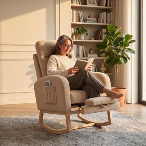 Nursery Rocking Chair. Upholstered Glider Rocker with Side Pocket. Comfortable High Back Rocking Chair for Living Room. Bedroom. Nursing Room