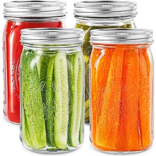 Wide Mouth Mason Jars 32 oz with Lids [4 Pack], Canning Jars with Metal Airtight Lids and Bands, 32 oz Glass Jars for Fermenting, Pickling, Freezing, Preserving, Meal Prep, Jar Décor