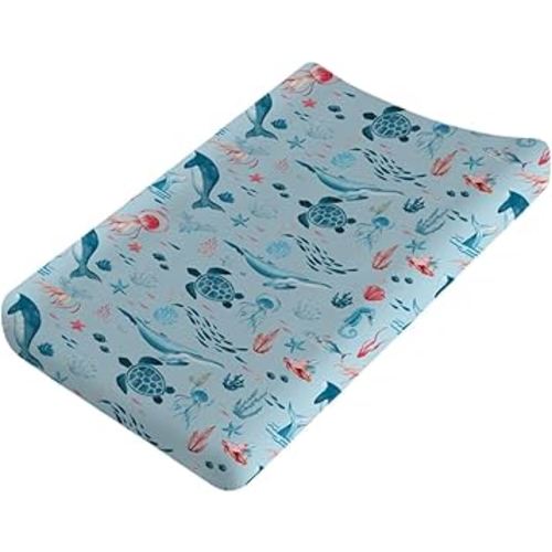 Nautical Animals Life Changing Pad Covers Sea Turtle Whale Jellyfish Sea Horse Weeds Unisex Diaper Change Table Sheets for Boys Girls Soft Breathable Stretch Changing Pad Sheets 32''x16'' Blue