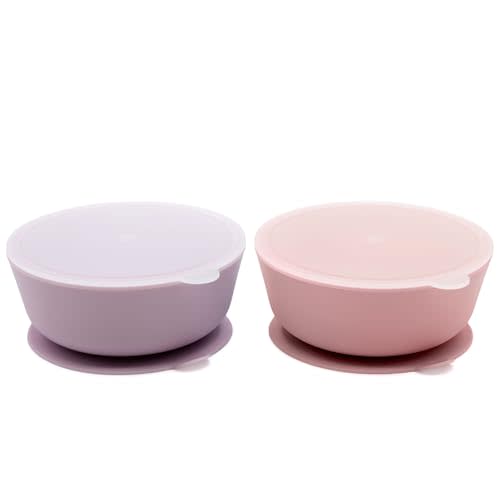 WeeSprout Suction Bowls for Baby & Toddlers (Set of 2) - 100% Silicone w/Plastic Lid - Leak Proof Feeding Supplies - Dishwasher & Microwave Safe Infant Dinnerware w/Extra Strong Base
