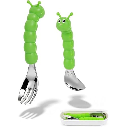Toddler Utensils, Stainless Steel Baby Forks and Spoons Set Caterpillar Silicone Handle, Kids Silverware with Portable Storage Case, Baby Feeding Essentials, Dishwasher Safe (Green)