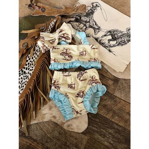 Sunset Cowgirl W/Baby Blue Two Piece Ruffle Swimsuit (Minis) – theFRINGEDpineapple