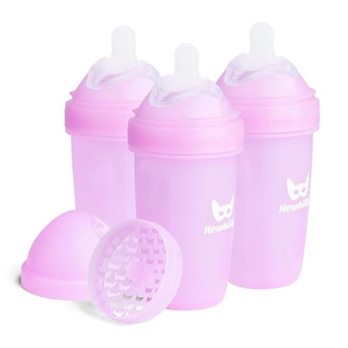 Herobility Anti-Colic Baby Bottles 5 fl oz /140 ml – Pack of 3 Newborn Baby Bottles, Slow Flow Plastic Bottles, Breast-Shaped Teat for Breastfed Babies, Small Baby Bottles, Swedish Design, Purple