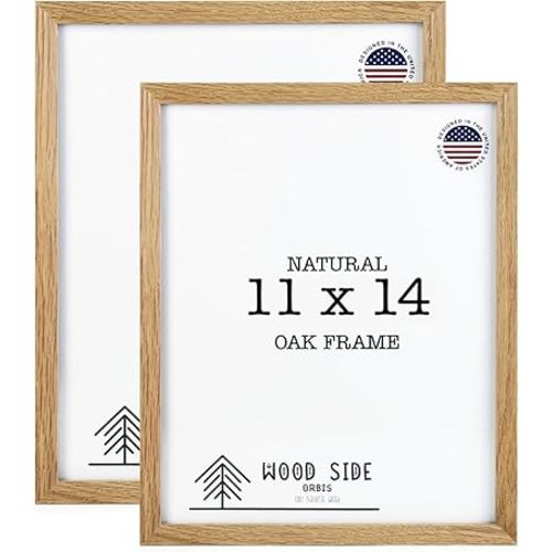 Oak Wood Picture Frames 11x14 - Set of 2 - Natural Solid Wood Photo Frame Real Glass Wall Hanging