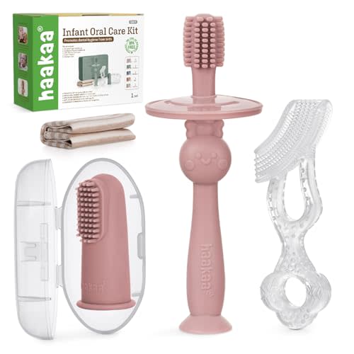haakaa Training Toothbrush Set Oral Care Kit, Blush | Soft Silicone Toothbrush for Baby, Infants, Toddlers & Kids