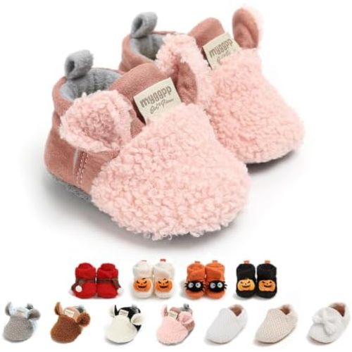 Ohwawadi Infant Baby Boys Girls Slippers Cozy Fleece Booties Soft Bottom Warm Cartoon Socks Newborn Crib Shoes