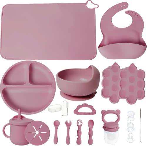 19 Pcs Silicone Baby Feeding Set Eating Essentials for Newborn | Toddler Plates and Bowls Set with Bib Sippy Cup Fruit Feeder Freezer Tray Fork & Spoon Infant Led Weaning Supplies Utensils