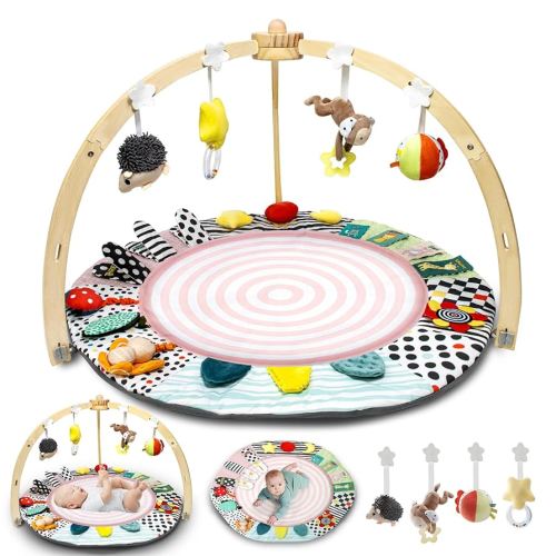 Baby Play Mat Activity Gym,6 Developmental Zones Tummy Time Mat, Wooden Baby Play Gym with 7 Detachable Sensory Toys for Newborn Brain Development, Essential Baby Shower Set, Pink