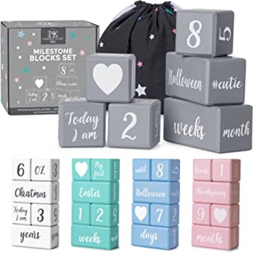 Gray Monthly Milestone Blocks with Bag. Baby Age Blocks for Girl or Boy Baby Photo Props. Month Baby Milestone Blocks with Grammatically Correct Month and Year