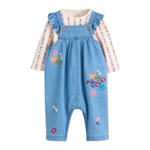 Kids' Print Bodysuit & Embroidered Denim Overalls Set