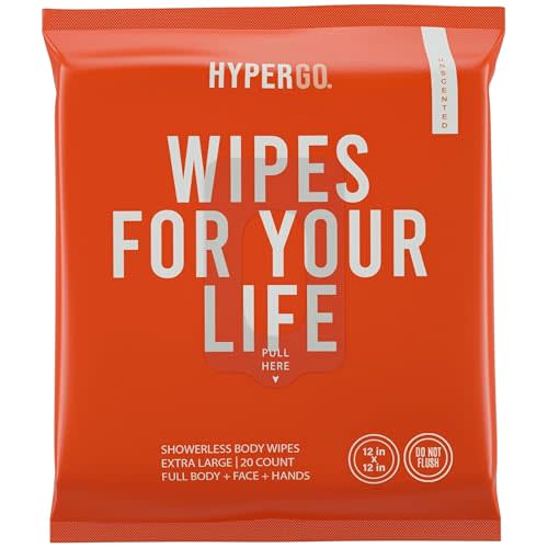 HyperGo XL Body Wipes for Women & Men – 12" x12" Rinse-Free Full Body Cleansing Wipes 20 Count Pack - Unscented | Biodegradable, Hypoallergenic, Aloe-Infused | Gym, Festival, Camping Essentials
