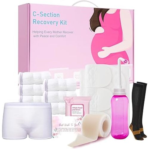C Section Recovery Must Haves Kit - Peri Bottle,Disposable Mesh Underwears,Witch Hazel Pad Liners,Silicone Scar Patches, Abdominal Belly Binder,Socks,C-Section Recovery Essentials Kit