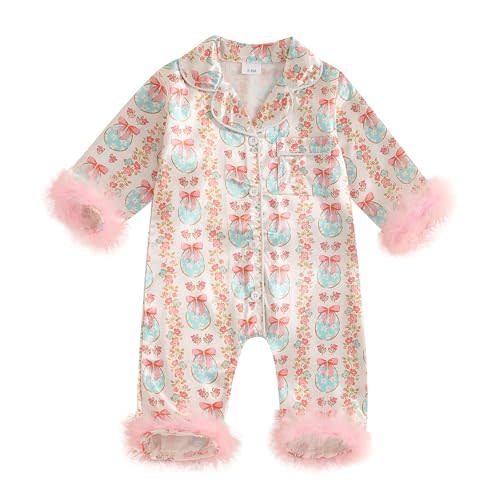 woshilaocai Baby Girl Button Down Romper Bow Strawberry Fuzzy Cuff Long Sleeve Jumpsuit Spring Summer Clothes
