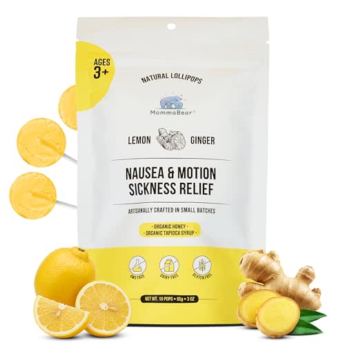 MommaBear Nausea & Motion Sickness Lollipops  Non-GMO Lemon & Ginger Candy for Nausea  Organic Lollipops for Kids 3+ & Pregnant Women to Alleviate Queasiness  Tightly Sealed for Freshness (10 Pack)